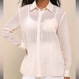 NWT Lulus Ivory and Beige Striped Button-Up Top